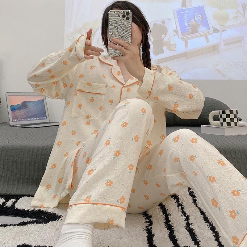 Bộ đồ ngủ nữ xuân thu mẫu năm 2023 áo cardigan cotton xốp dáng rộng size lớn phục vụ tại nhà