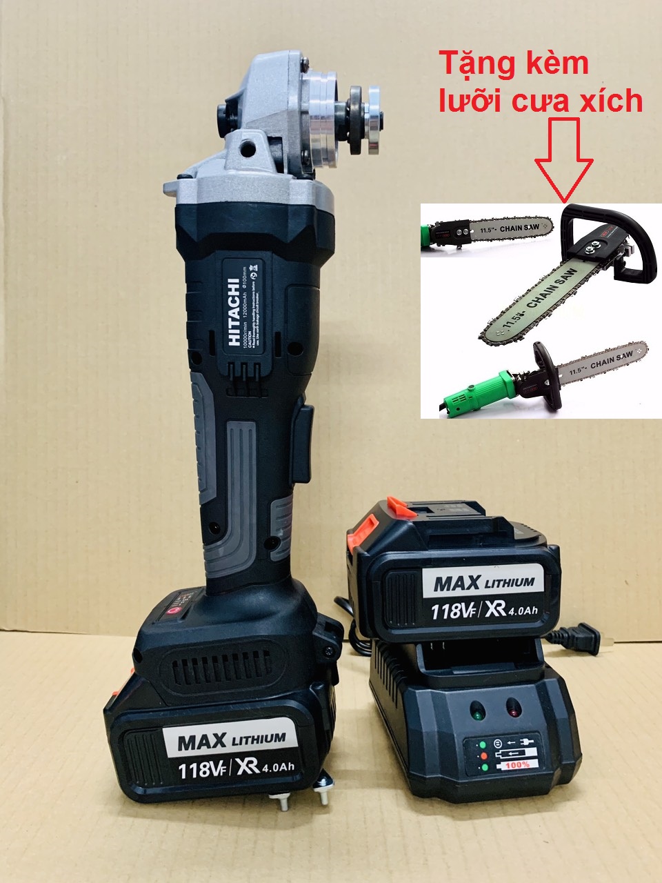 Combo bộ máy mài pin HITACHI kèm lam xích - Lưỡi Lam Cưa Xích Gắn Trực Tiếp Máy Mài Cầm Tay Để Trở Thanh Máy Cưa Tiện Dụngbộ Sản Phẩm Gồm 1 Bộ Máy Mài Pin HITACHI Và 1 Bộ Lam Xích