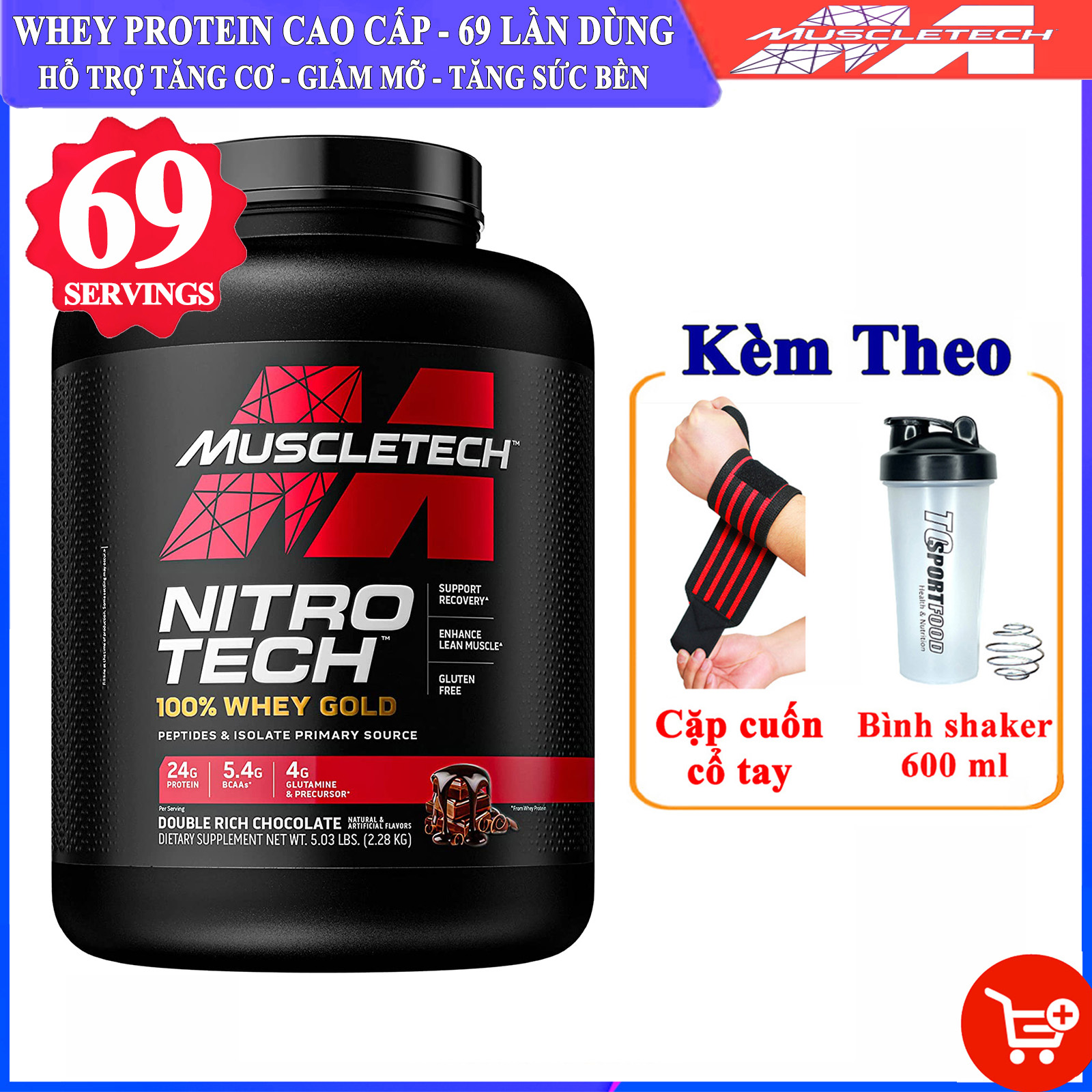 [KÈM BÌNH & CUỐN TAY] Sữa tăng cơ giảm mỡ Nitro Tech 100% Whey Gold của Muscle tech hỗ trợ tăng sức bền sức mạnh đốt mỡ giảm cân giảm mỡ bụng cho người tập GYM