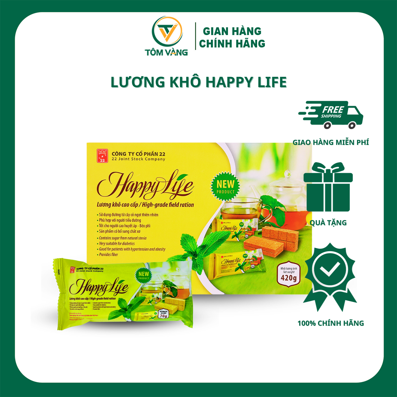 Lương Khô Tiểu Đường Ăn Kiêng Happylife - Hộp 6 Gói 420g - Tôm Vàng