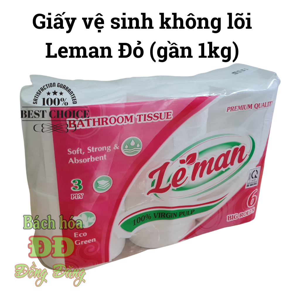 Lốc 6 cuộn giấy vệ sinh không lõi Leman Đỏ - 3 lớp