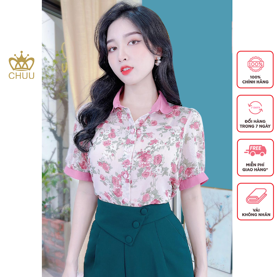 Áo sơ mi hoa công sở nữ tay ngắn cổ màu chuu a8209