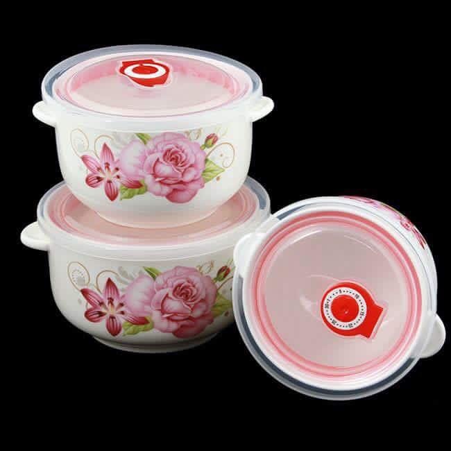 [HCM]Bộ 3 tô sứ có quai cầm kèm nắp nhựa hút chân không