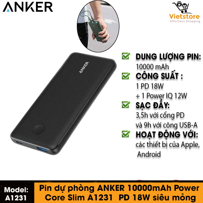 Pin sạc dự phòng anker a1281 powercore essential pd 20000mah 18w usb-c power delivery + piq2.0 fast charging - phân phối bởi vietstore