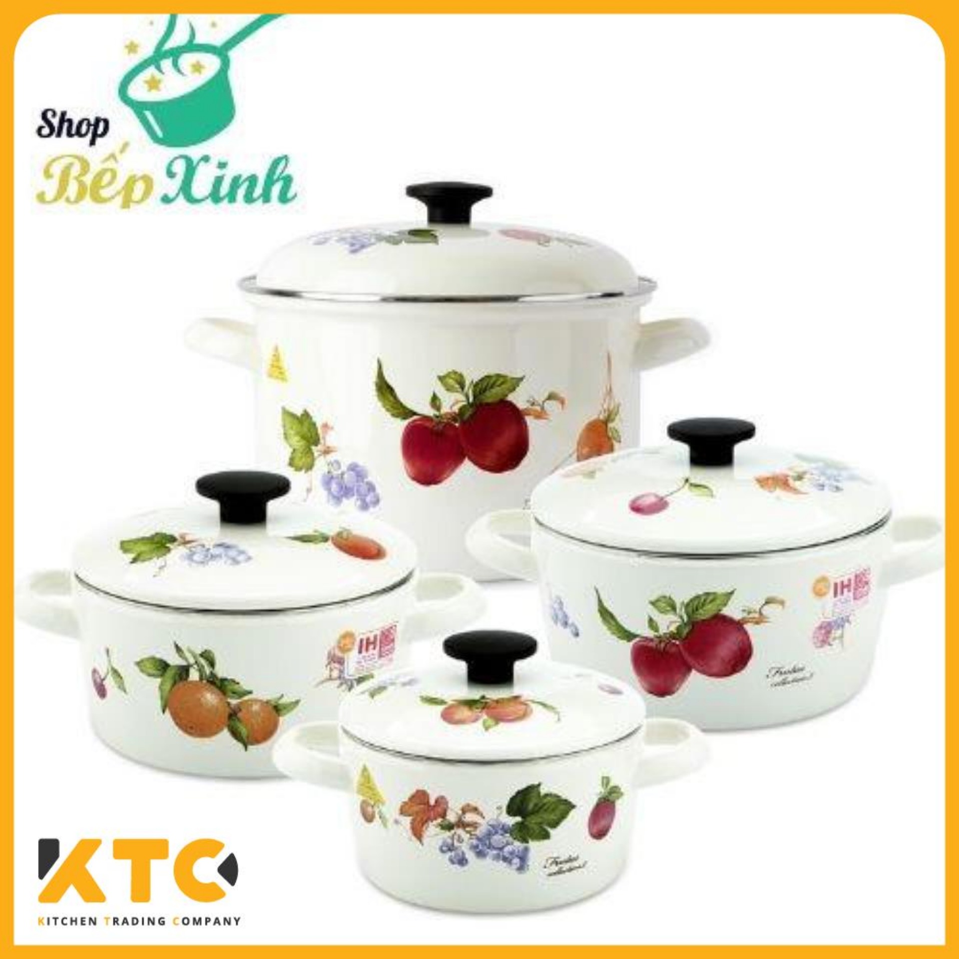 Bộ nồi tráng men Nhật Bản cao cấp Fujihoro 4 chiếc - sử dụng được bếp từ (Trắng kem họa tiết trái cây)