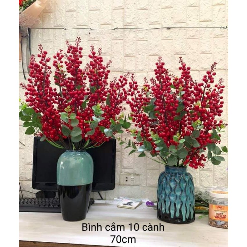 Cành ĐÀO ĐÔNG ĐỎ trang trí dài 50cm bóng đẹp