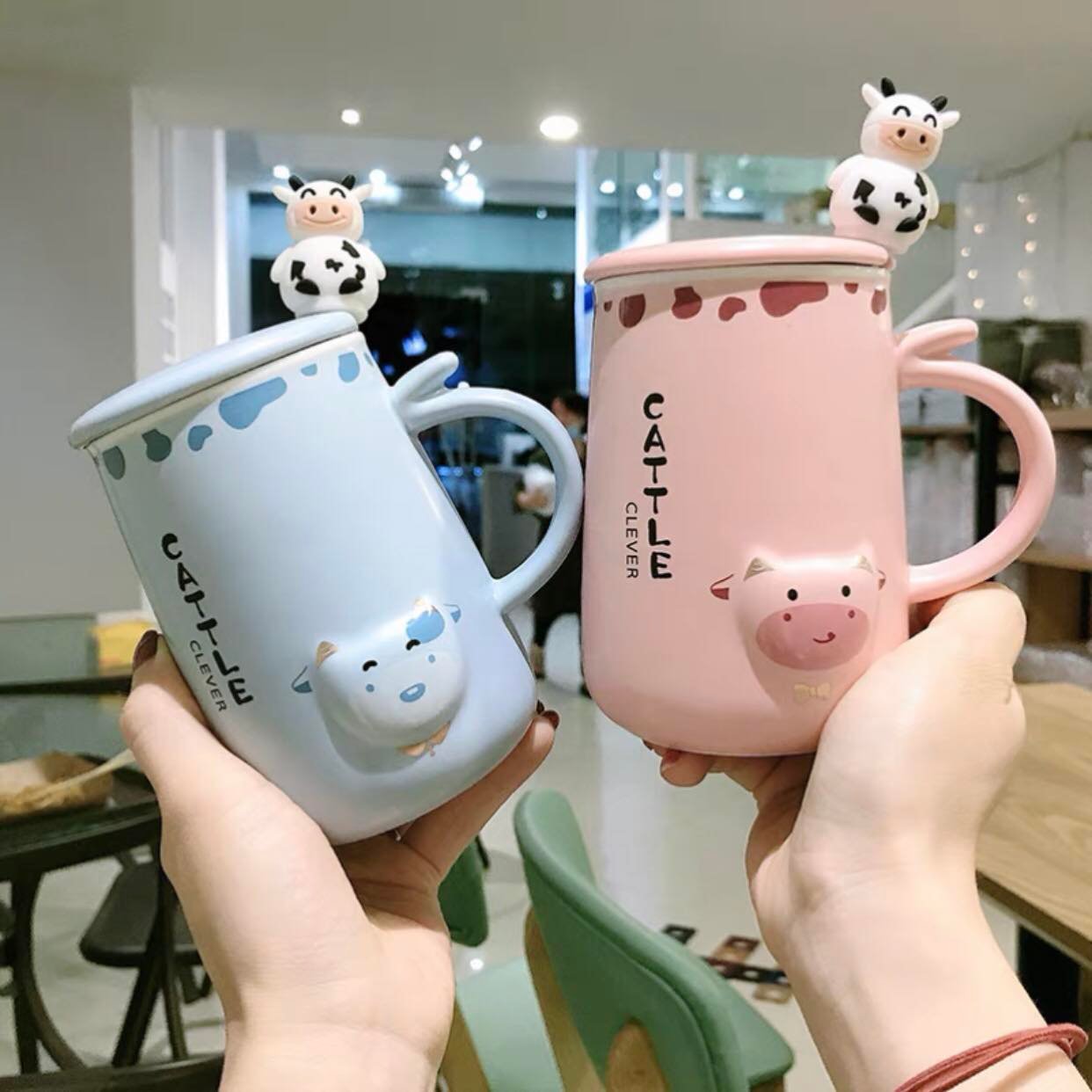 Ly Cốc Sứ Bò Sữa Có Nắp Và Thìa Uống Trà Uống Cà Phê Siêu Cute