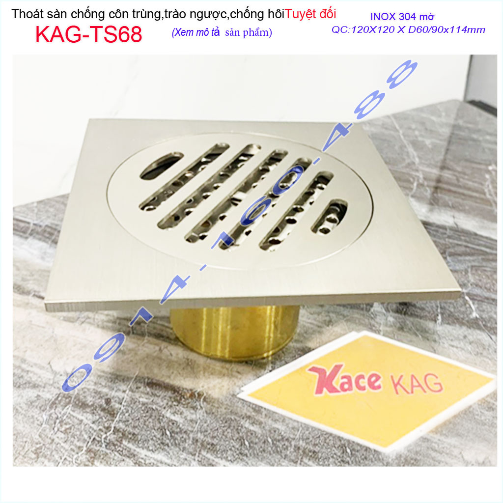 Phễu thoát sàn chống côn trùng kag-ts68 12x12cm d60-90, thoát sàn chống hôi inox sus304 mờ, hố ga thoát sàn chống trào ngược