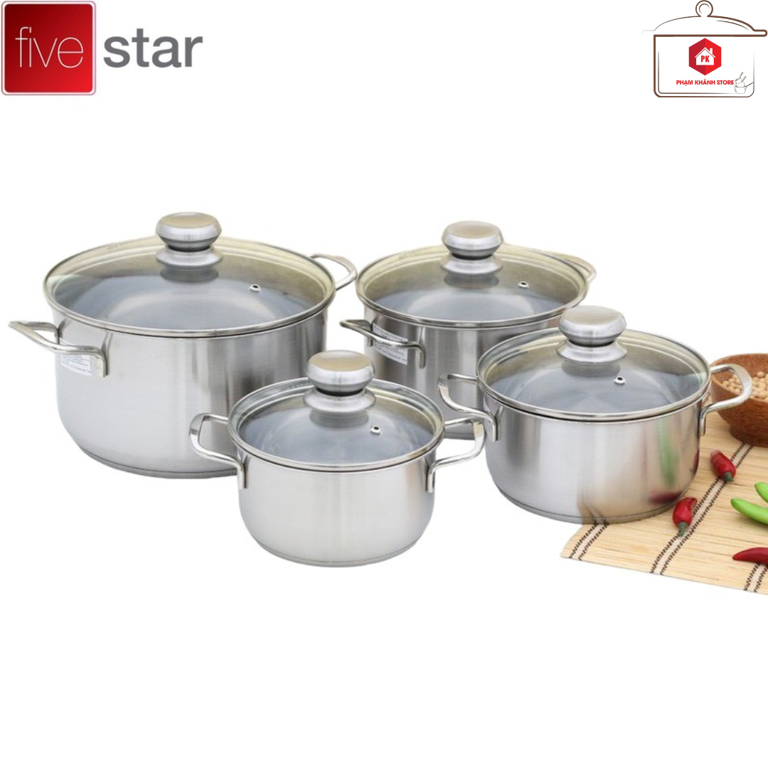 Bộ 4 nồi inox 430 fivestar 3 đáy nắp kính sử dụng được trên mọi loại bếp