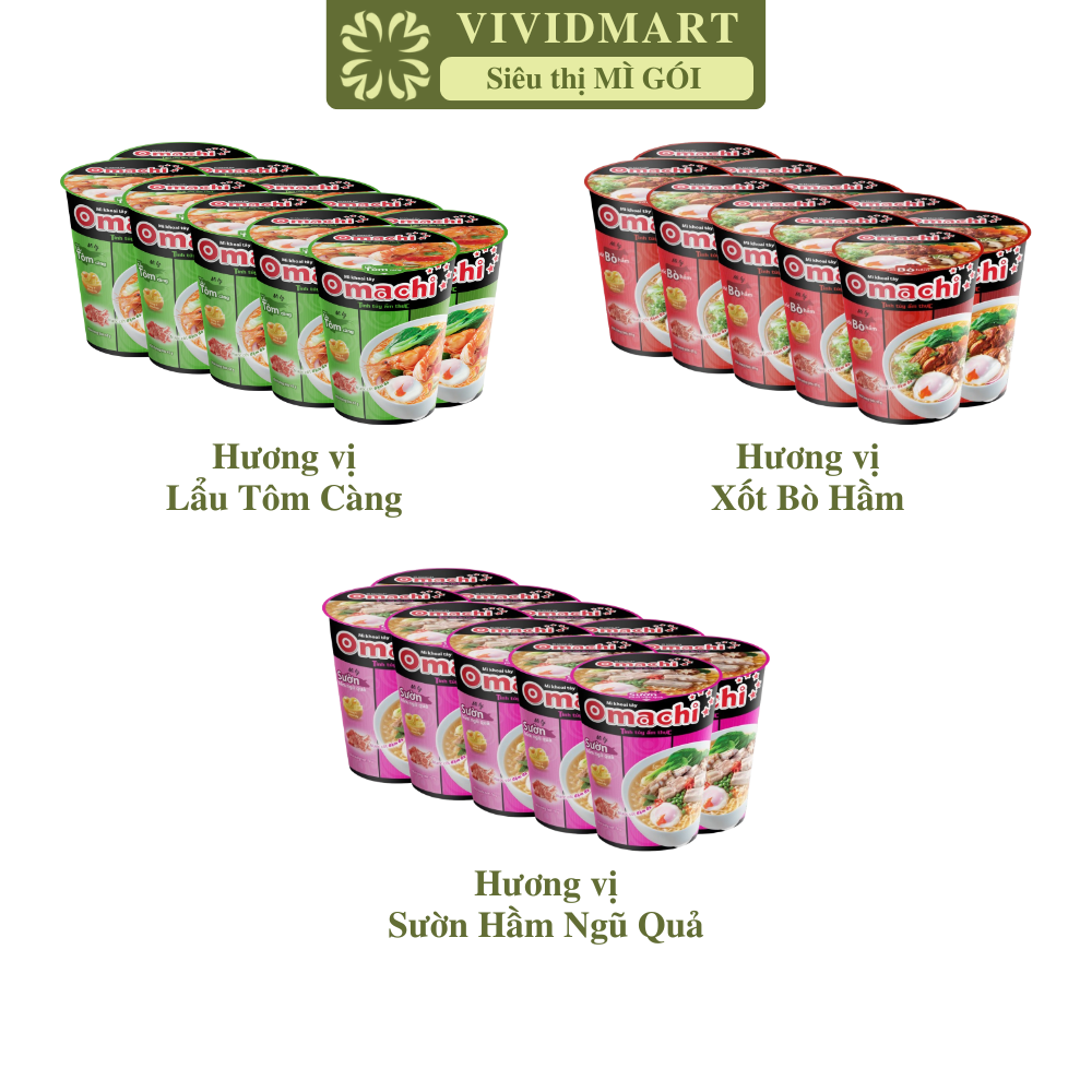   SET 10 LY  - MASAN - Mì ly Omachi  KHÔNG THỊT  3 hương vị: Xốt Bò Hầm  Sốt Bò Hầm Sườn Hầm Ngũ Quả Tôm Chua Cay -  66-72g ly  - Mì ly ăn liền không thịt Omachi Mì ly dinh dưỡng khoai tây Omachi Mì ly healthy không chiên Omachi 