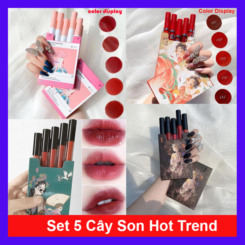 Set son 5 cây son kem Lip Glaze Matte Không Thấm Nước Matt Không Thấm Nước Màu Hồng Lip Tint