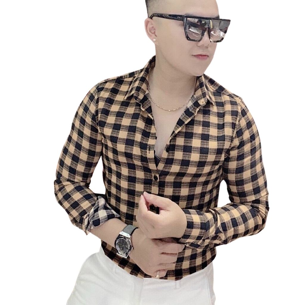 Áo Sơ Mi Nam Body Sọc Caro Vàng Nhỏ DT13XM Chất Lụa Cao Cấp