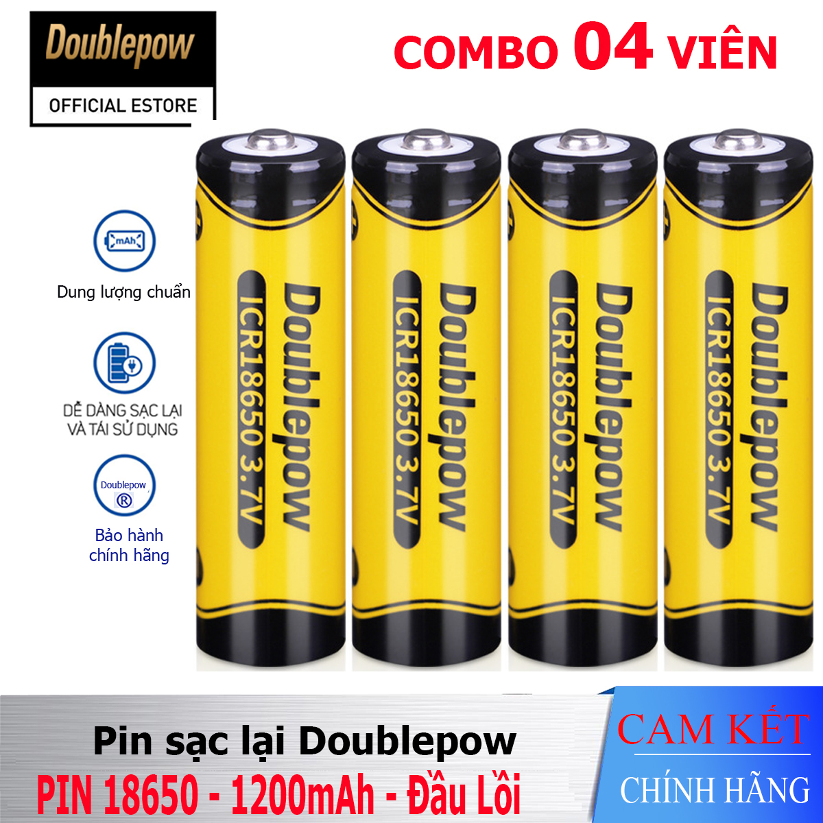 [Combo 04 viên] Pin sạc Lithium 18650 - 1200mAh đầu lồi Doublepow, pin dung lượng thực
