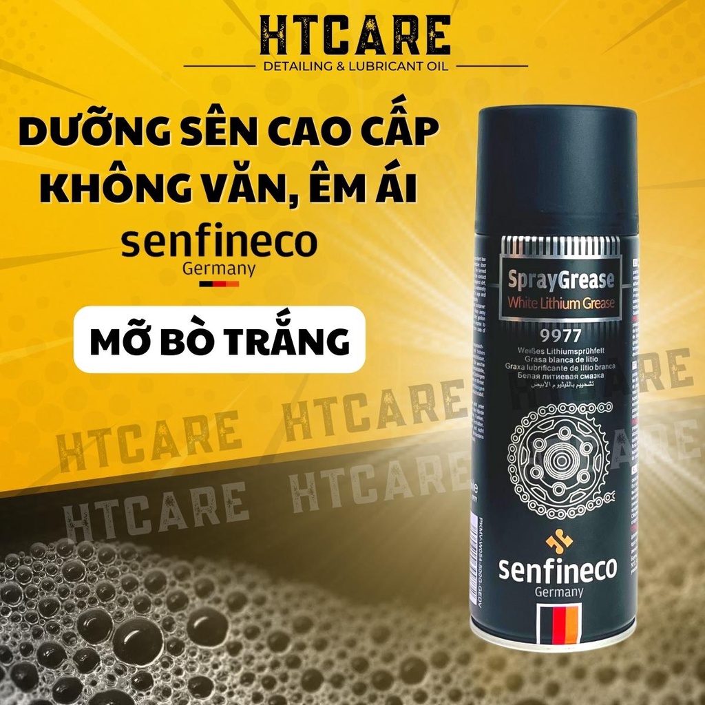 Xịt dưỡng sên cao cấp SENFINECO 9977 chai 450ml mỡ bò trắng không văng lâu trôi HTMotocare