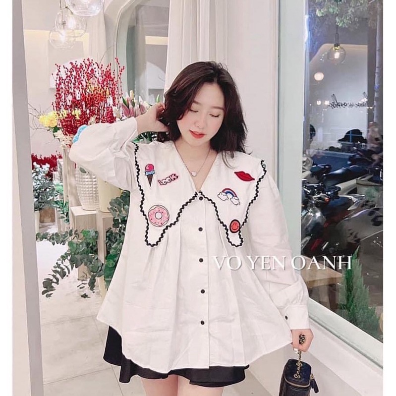 Áo sơmi trắng cổ nhọn hoạ tiết cute có ảnh thật kèm video