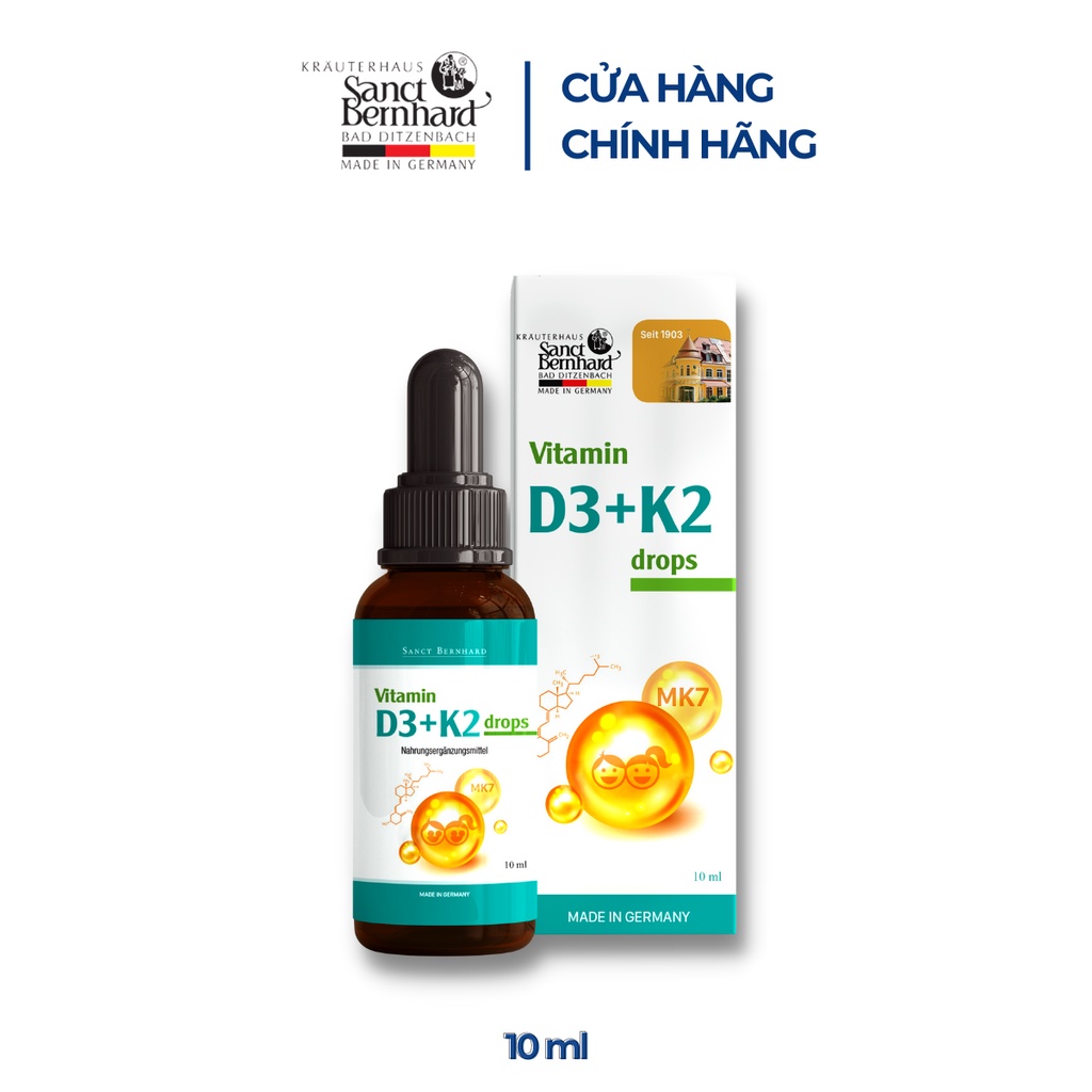 Nhập khẩu Đức Vitamin D3 K2 MK7 Sanct Bernhard Đức tăng hấp thu Canxi trong 1 giọt, viên uống bổ sung canxi cho bé (10ml) d3k2 ĐỨC