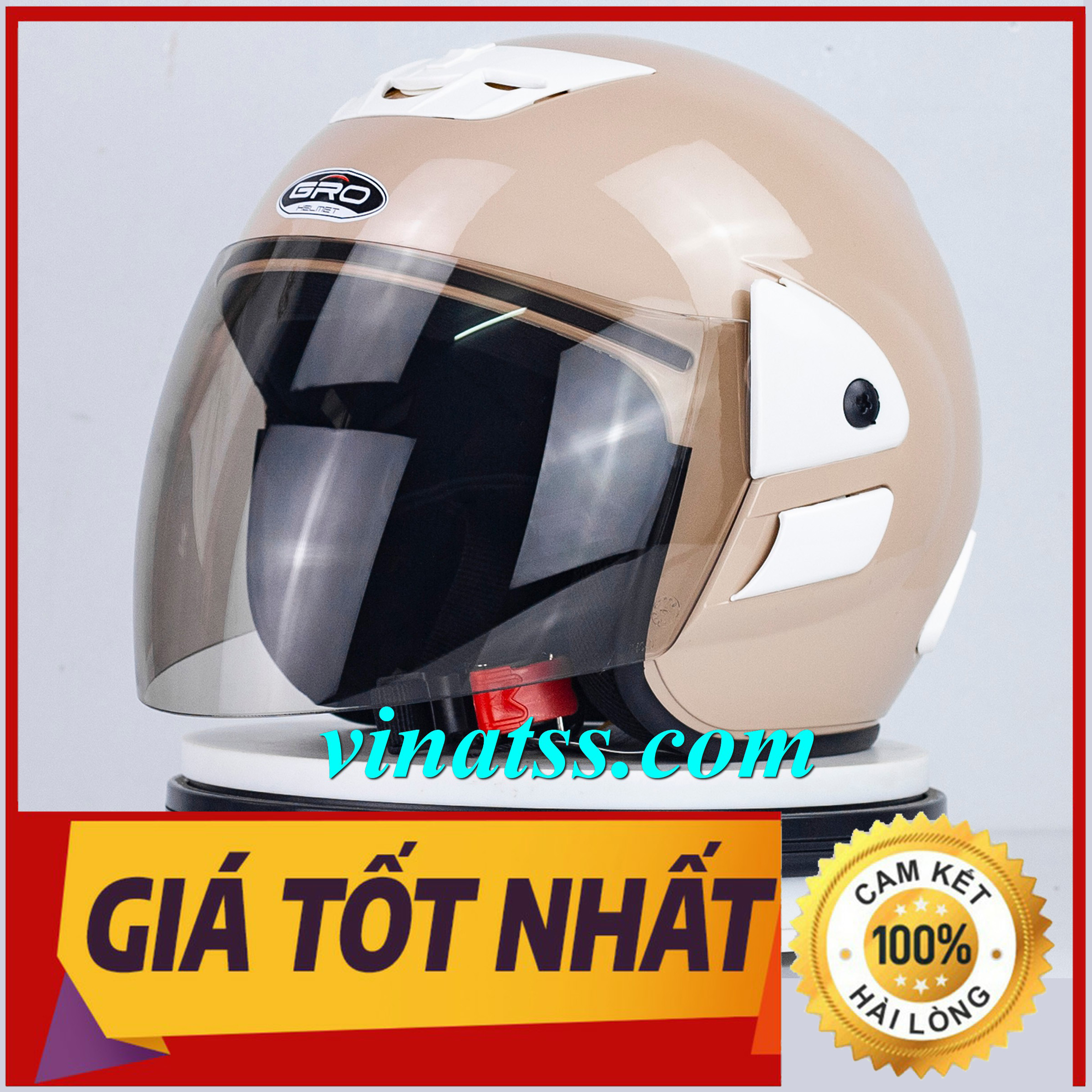 [vinatss.com] Mũ Bảo Hiểm Gro 3/4 Đầu Chính Hãng, V2 Kem Sữa