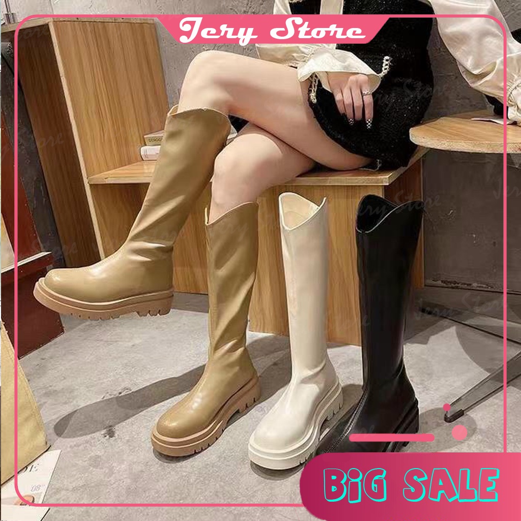 Bốt đùi đế răng cưa nữ giày Boots da mềm lót nỉ khóa sau boot mũi tròn boost thời trang đế độn 2022