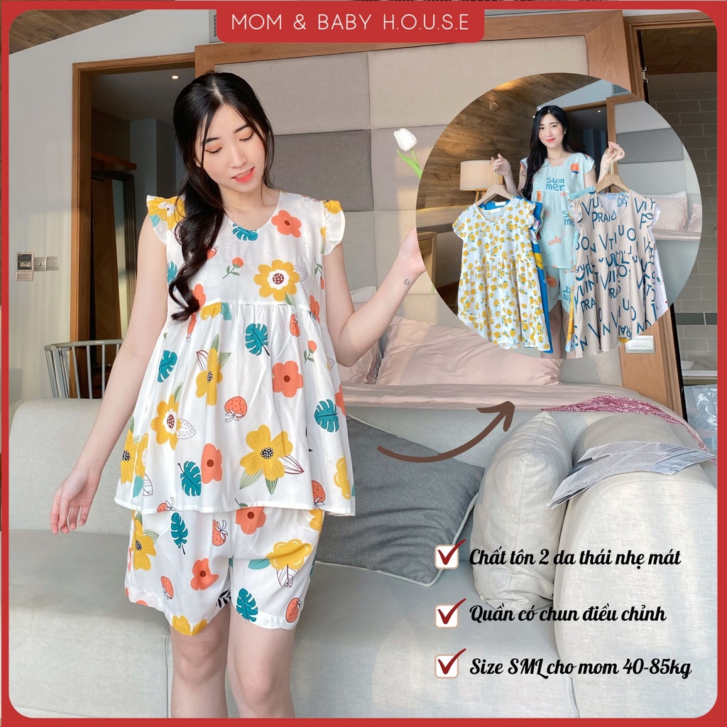 Đồ bộ bầu tôn 2 da thái bèo vai hoa nhí siêu mát
