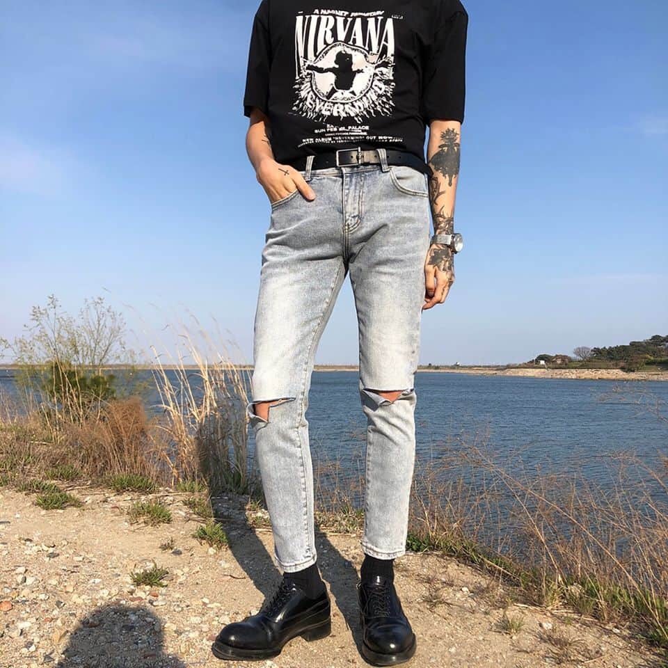 [HCM]Quần Jean Nam Rách Gối Tam giác Cao Cấp Hot Trend Seoul Co giãn Form Chuẩn 9119 violetfashion