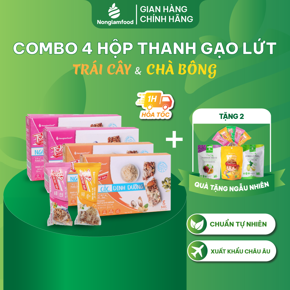 Combo 4 hộp thanh gạo lứt ngũ cốc Healthy 2 vị (Chà bông/ Trái cây) Nonglamfood 136g | Hỗ trợ ăn kiêng giảm cân