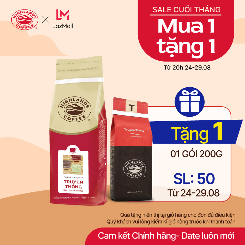 Cà phê rang xay Truyền thống Highlands Coffee 1Kg. Gói kèm hiển thị tại giỏ hàng.