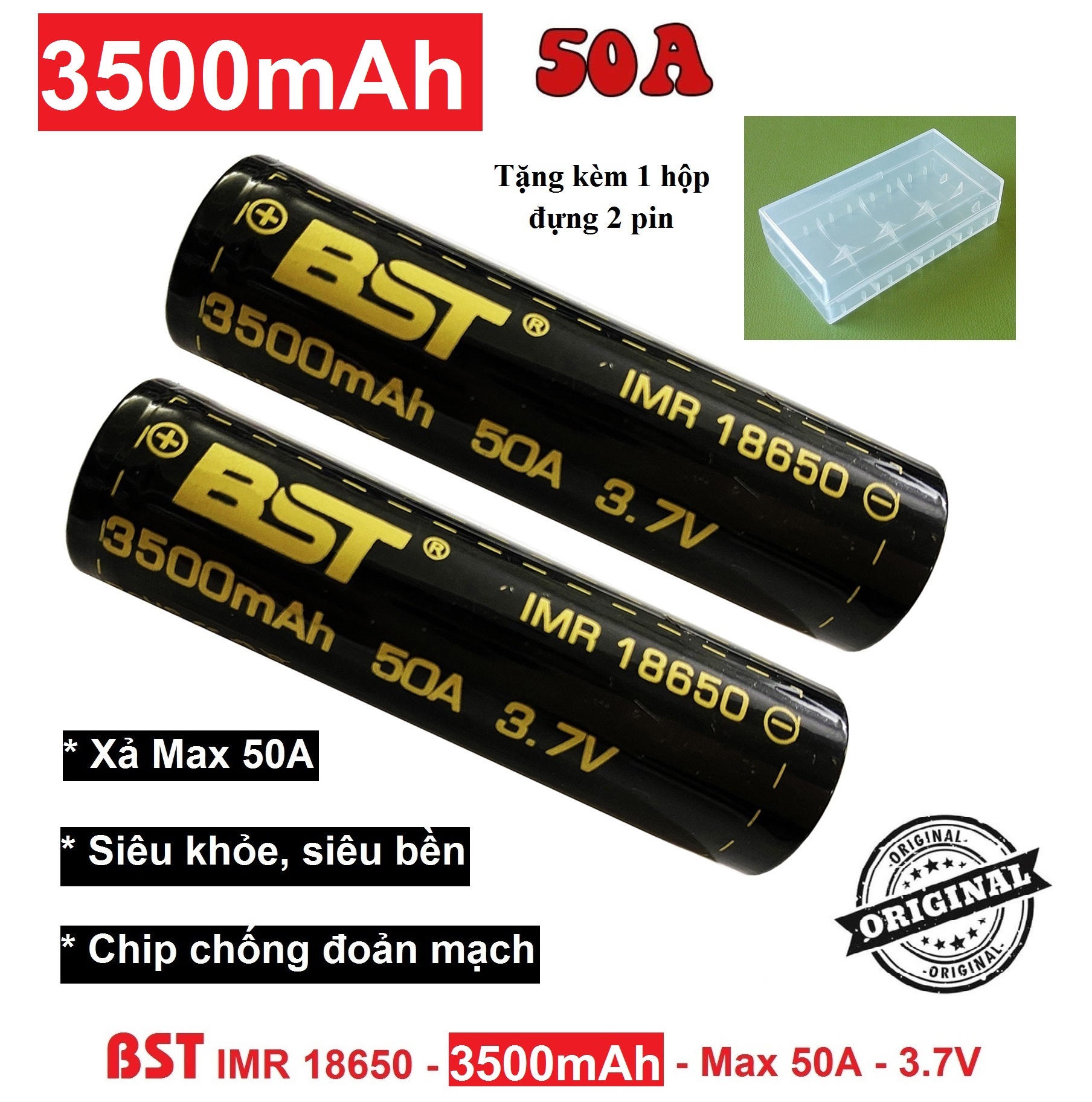Combo 2 cục Pin Lithium BST 18650 sạc 3.7v dung lượng lớn 3500mAh - dòng xả Cao 50A  + Tặng kèm 1 hộp dựng pin