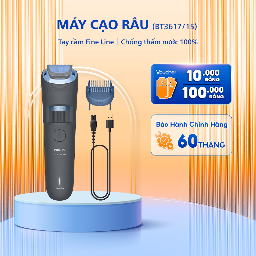 Máy Tạo Kiểu Râu PHILIPS BT3617/15, Cắt Tỉa Râu Với Đầu Lưỡi Cắt Bo Tròn, Bảo Hành 5 Năm