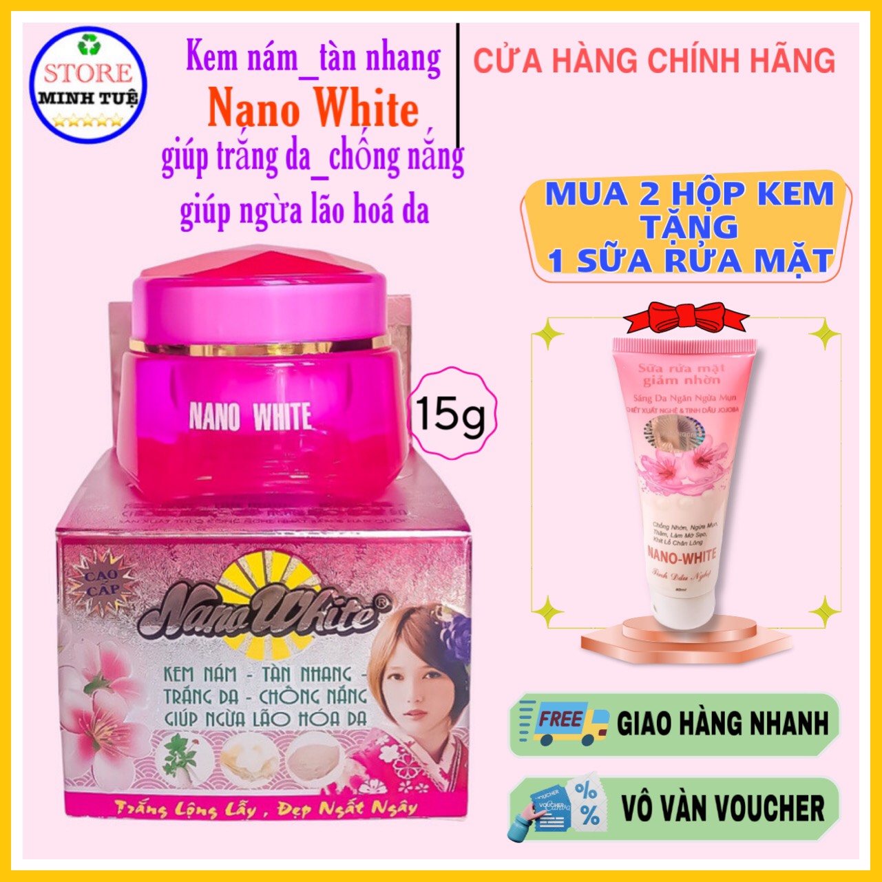 Kem nám Nano White tàn nhang, trắng da, chống nắng, chống lão hóa sạch mịn sáng da (15g), MUA 2 TẶNG 1, Kem nano white.