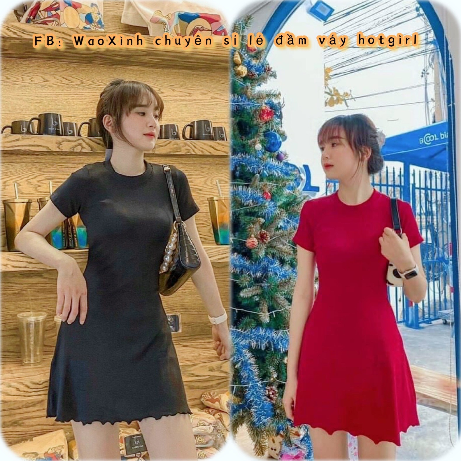 Đầm body gân xoè chuẩn trend xinh gái 2 màu đỏ đen