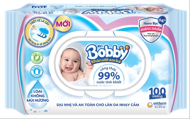 Khăn ướt bobby nano bạc kháng khuẩn gói 100 tờ không mùi.