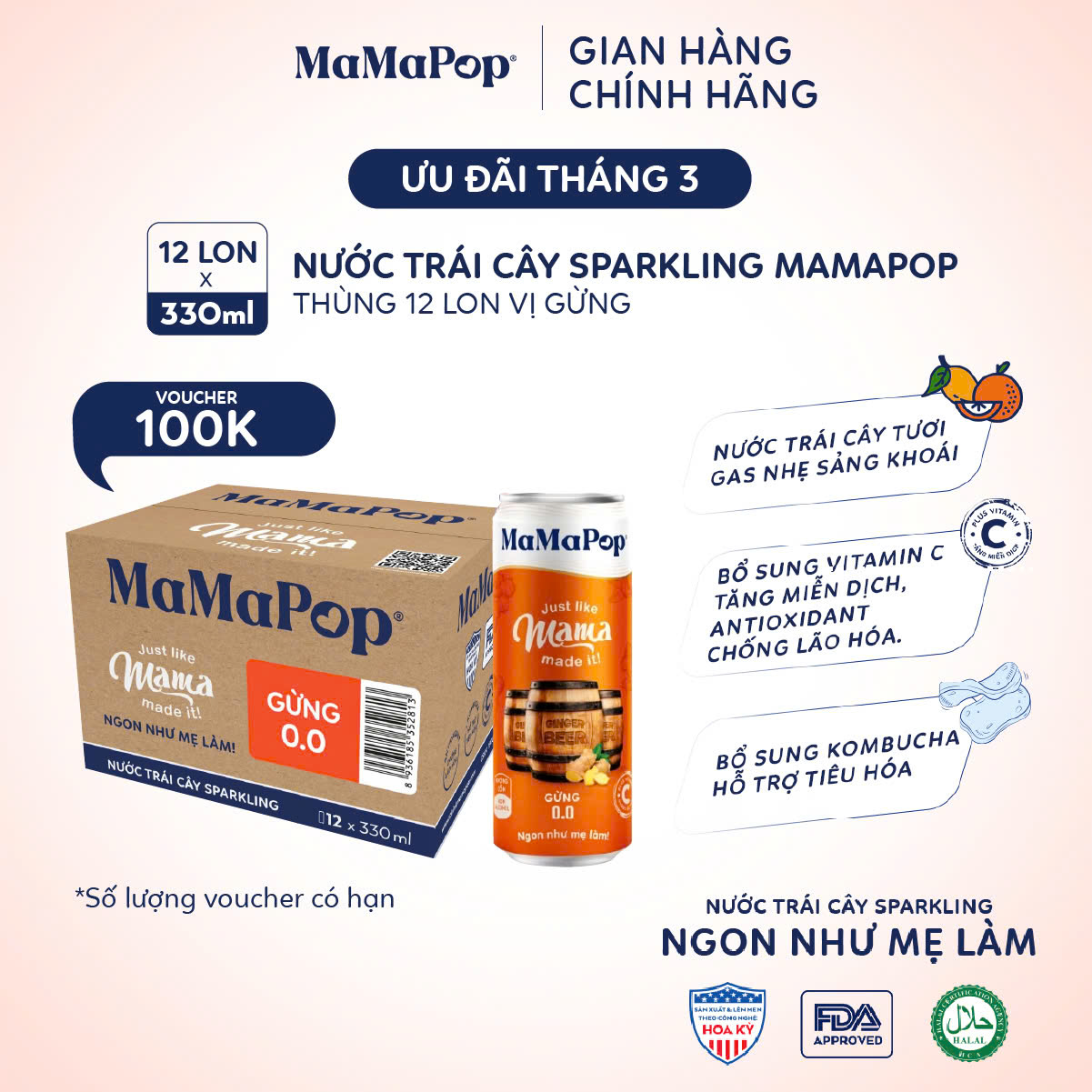  Thùng 12 lon nước trái cây sparkling Mamapop vị Gừng 330ml 