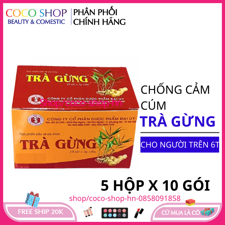 Combo 5 hộp trà gừng giúp chống cảm cúm tăng đề kháng đường hô hấp , làm ấm cơ thể giải cảm , 5 hộp x 10 gói