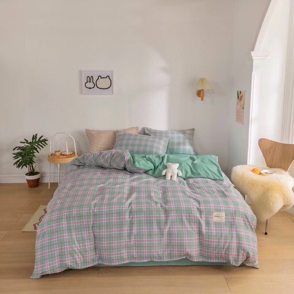 Bộ chăn ga Tici kẻ cao cấp vải cotton poly mẫu mới nhập khẩu phong cách Hàn Quốc