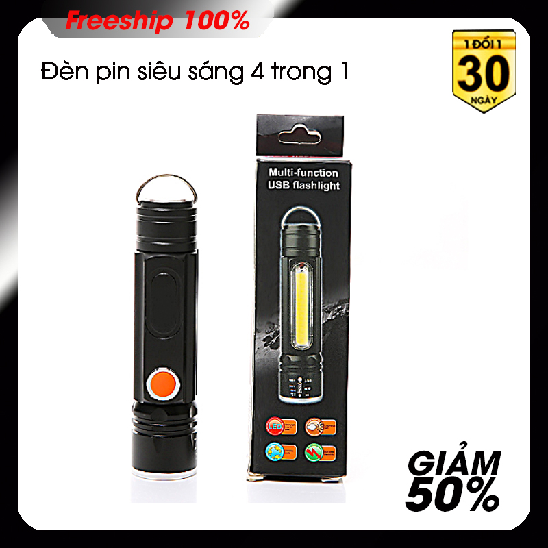 Đèn pin siêu sáng USB 4 trong 1 đèn cob  đèn pha  có móc  có nam châm hútcó sạc cổng usb có cổ dê nhựa có video  bền rẻ đẹp