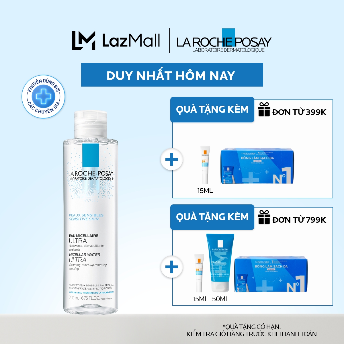 Nước tẩy trang và làm sạch sâu cho da nhạy cảm La Roche-Posay Micellar Water Ultra Sensitive Skin 200ml