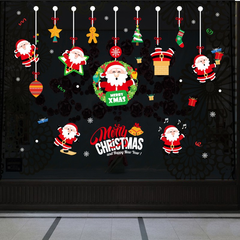 Decal dán tường , dán kính dây thả ông già noel Decal dán kính tranh dán kính trang trí ông già noel
