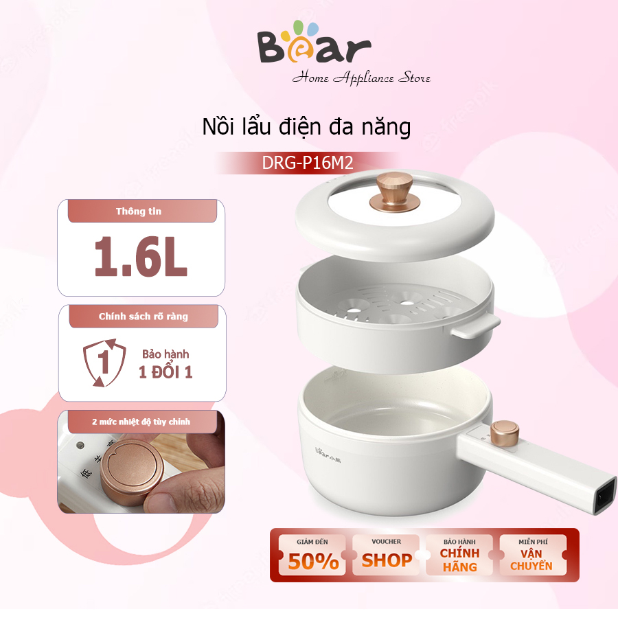 Nồi điện mini đa năng Bear 1.6L kèm xửng hấp nồi lẩu điện mini, nồi nấu, lẩu, xào, chiên rán - Bảo hành 12 tháng