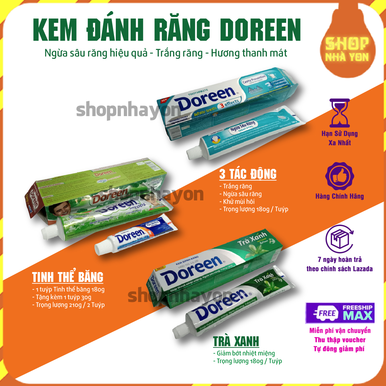 Kem đánh răng Doreen Trà Xanh Tuýp 180g chống sâu răng hiệu quả, bổ sung Canxi diệt khuẩn gây hôi hư tổn răng triệt để
