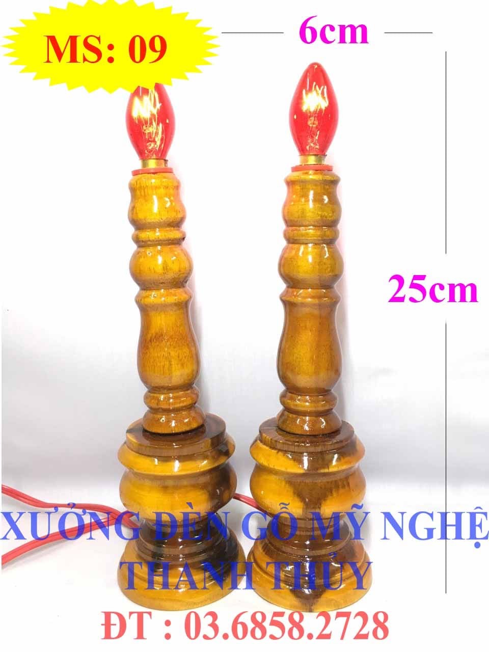 Đèn bàn thờ vàng điện hàng  chất ;lượng - Mẫu lớn - Gỗ tràm. MS: 09