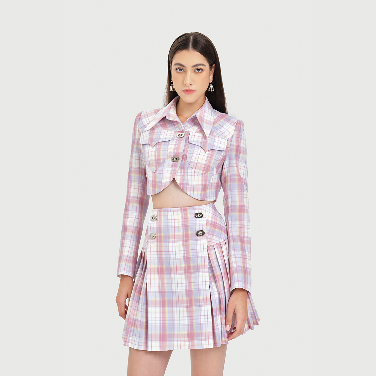 DEAR JOSÉ - Áo khoác croptop Buttercup vải polyester sọc ca rô hồng