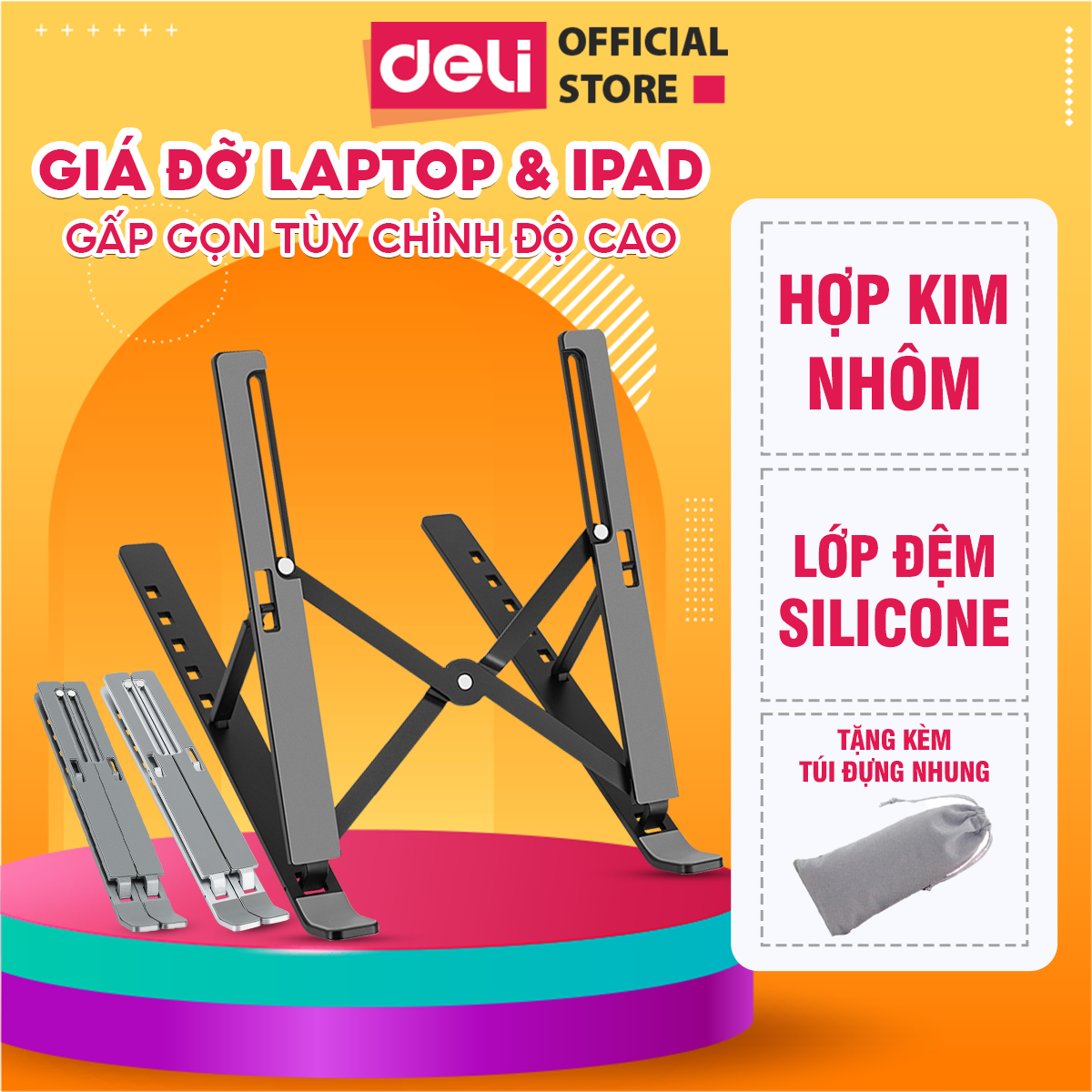 Giá Đỡ Laptop Deli - Hợp Kim Nhôm Có Điều Chỉnh Độ Cao Gấp Gọn Đế Silicon Tản Nhiệt Chống Trượt Hỗ Trợ Bảo Hành Giá Đỡ Tản Nhiệt Laptop Kệ Đỡ Laptop Kê Máy Tính Nâng Cao