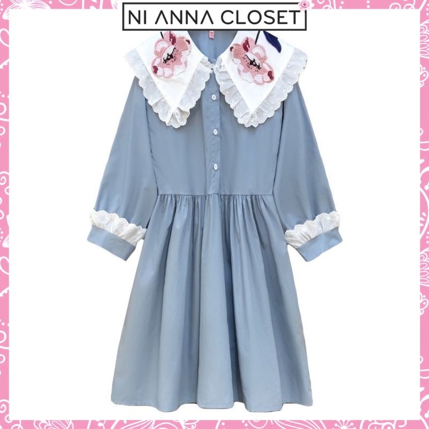 [Freeship+49K] Đầm Váy Nữ Babydoll Tay Dài Cổ Viền Bèo Thêu Hoa Đầm Bigsize Cổ Sen Dáng Xòe NI ANNA CLOSET NI056, Tặng Kẹp Gấp Tóc Càng Cua Cao Cấp 49K