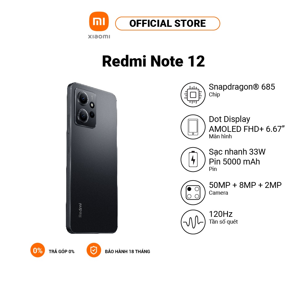 Điện thoại Xiaomi Redmi Note 12 AMOLED 6.67" FHD+| Snapdragon® 685| 5000mAh