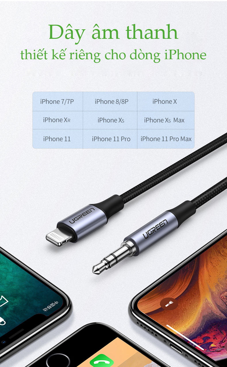 Dây chuyển đổi cổng Lightning sang chuẩn giắc 3.5mm cho phép kết nối iPhone với các thiết bị âm thanh như: loa, tai nghe ... vỏ bện dài 1m UGREEN US315 Dây chuyển đổi cổng Lightning sang chuẩn giắc 3.5mm cho phép kết nối iPhone với các thiết bị âm thanh như: loa, tai nghe ... vỏ bện dài 1m UGREEN US315
