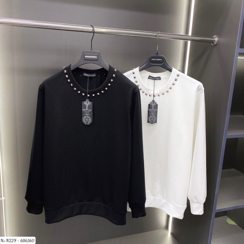 Áo sweater thun dài tay đính đá cổ tròn - áo phông dài tay đinh ghim