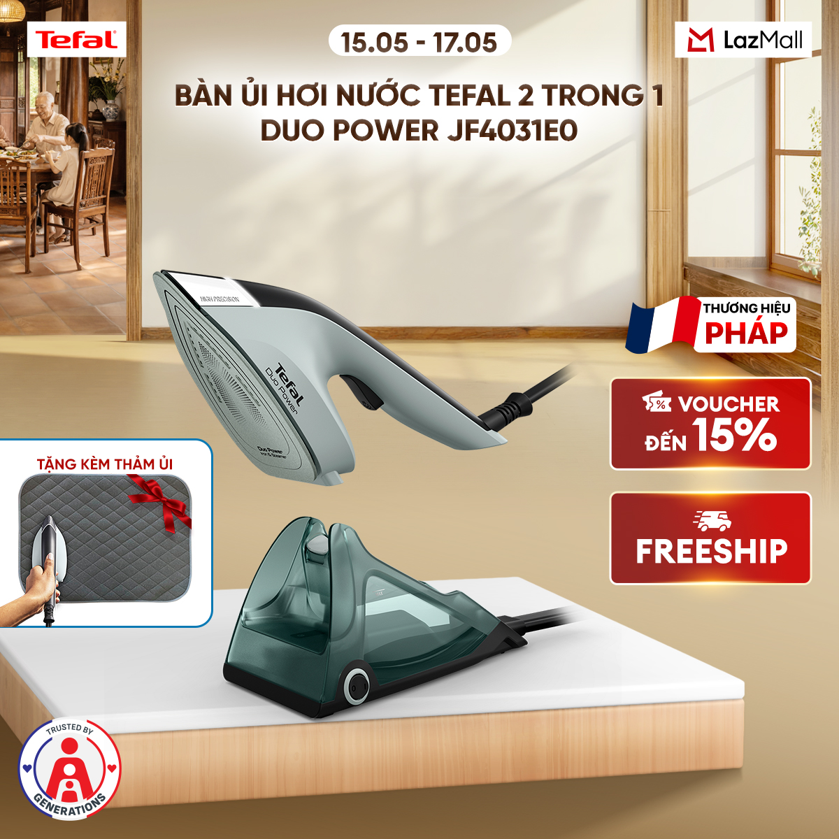 [Tặng kèm thảm ủi] Bàn ủi hơi nước Tefal 2 trong 1 Duo Power JF4031E0 - Kết hợp ủi hơi và cầm tay