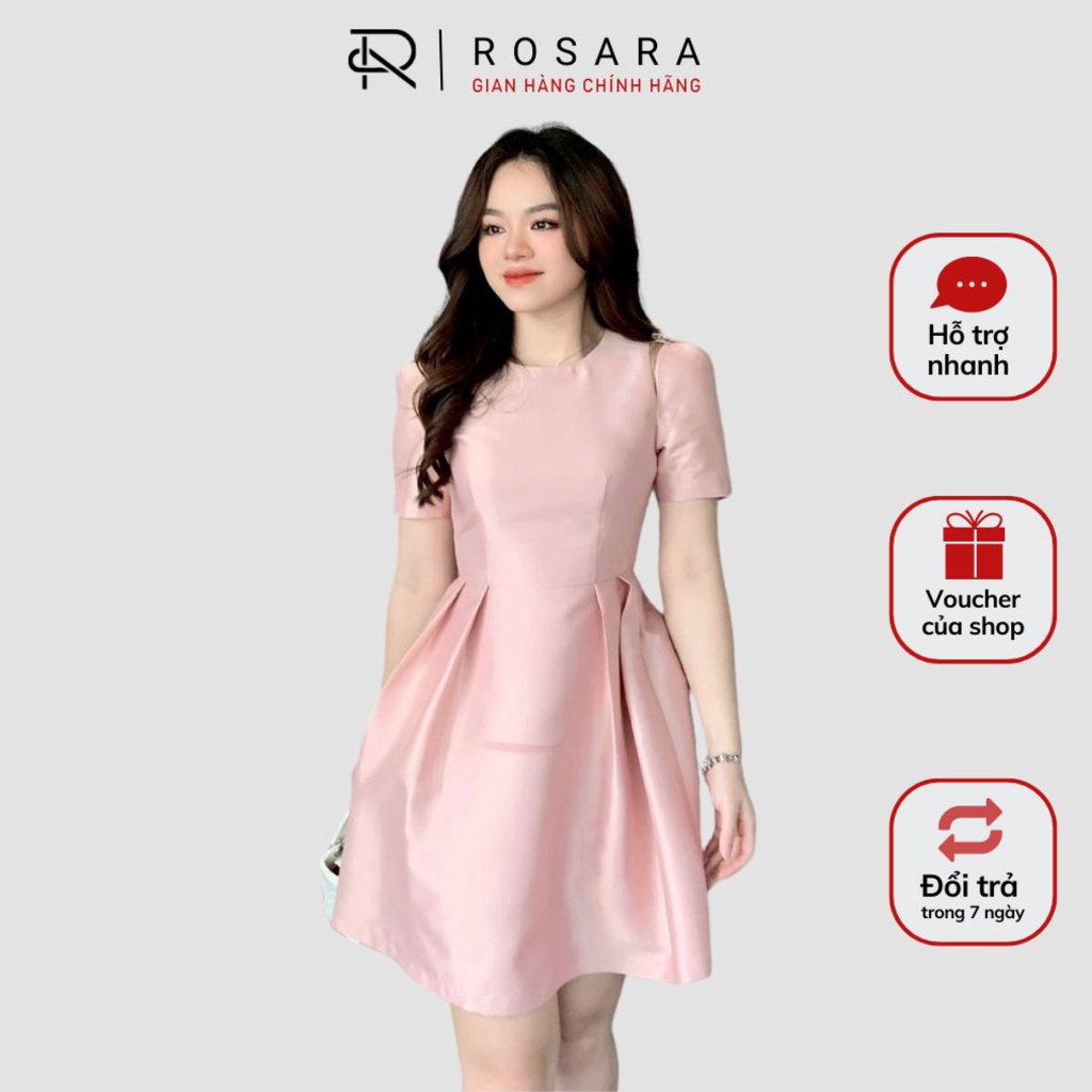 Váy đầm hồng tafta dáng xòe ngắn tay thời trang rosara va03