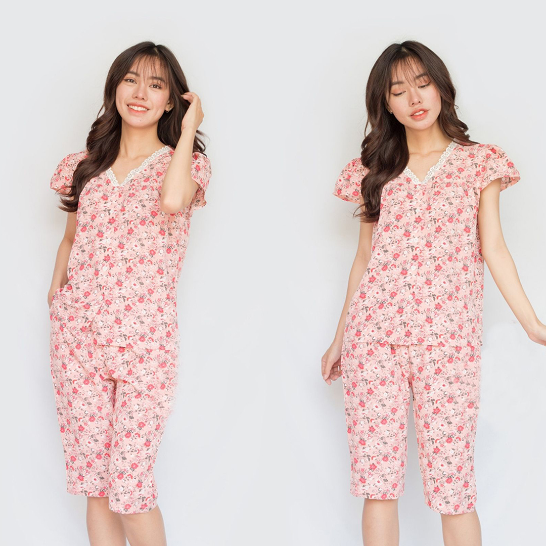 Đồ ngủ nữ lụa lửng cộc tay ren cổ hoa nhí siêu dễ thương