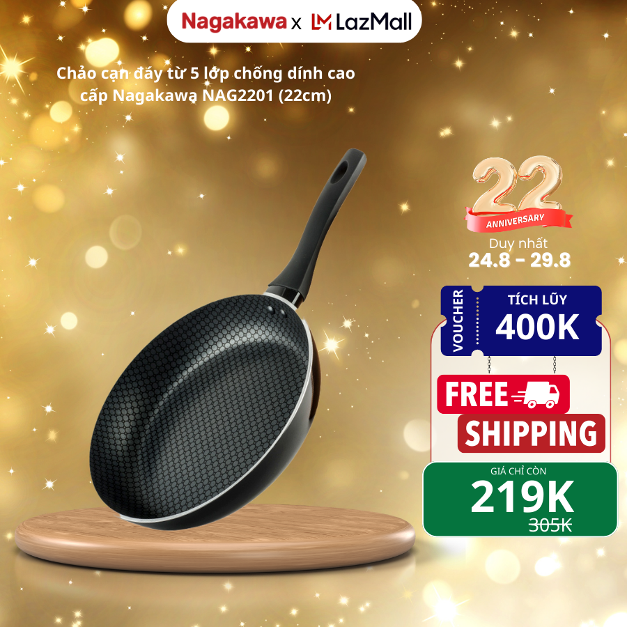 Chảo chống dính đáy từ Nagakawa NAG2201, size 22cm, chảo cạn, chống dính gấp 5 lần chảo thường, sử dụng được trên mọi loại bếp